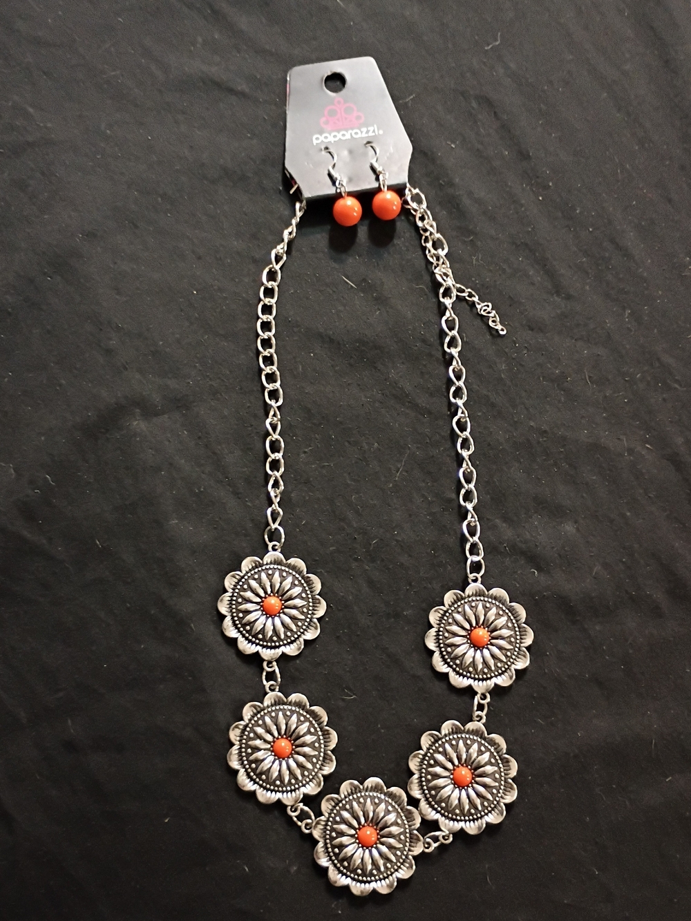 Paparazzi Women’s Orange Floral Concho Necklace and Earring Set
